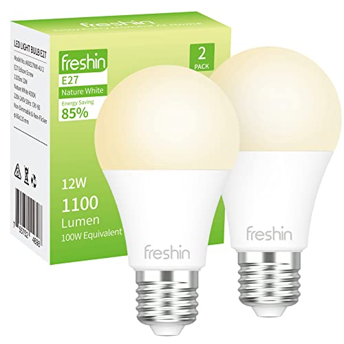 12W Light Bulb E27 FRESHIN 100 Watt Equivalent LED Bulbs 4000K Natural White A60 Light Bulbs Edison Screw 1100lm Non-Dimmable, No Flicker, Long Lasting (2 Pack)