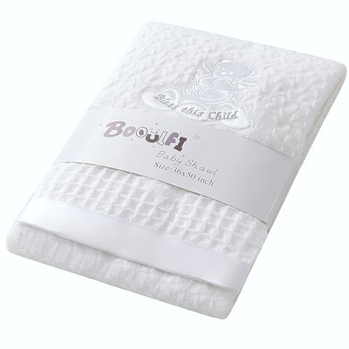 Image of Booulfi Baby Blanket Newborn Boys Girls Satin Trim White Baby Blankets Baptism Christening Baby Shawl Neutral Baby Boy Girl Receiving Blankets .Size 36x50”