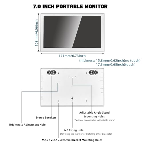 Image of Small Monitor 7 inch 1024x600 IPS Capacitive Touch 7 inch HDMI Wide Screen Portable LCD Display with Speakers for Raspberry Pi Laptop White