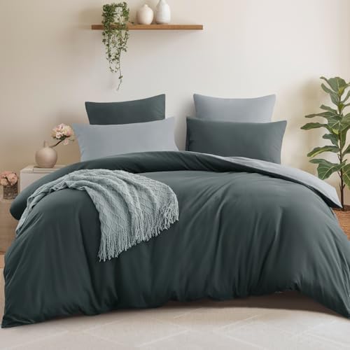 Aisbo Bettwäsche 200x220 3teilig Anthrazit Grau - Bettwäsche Sets 1 Bettbezug 200x220 cm + 2 Kissenbezüge 80x80 cm, ÖKO-TEX Wendebettwäsche Weich Mikrofaser mit Reißverschluss
