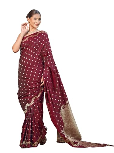 Image of MANOHARI Women's Trendy Banarasi Satin Silk Woven Saree with Heavy Jacquard Work, Elegant Design for Women with Lace Border Unstitched Blouse Piece for Weddings & Festive Occasions