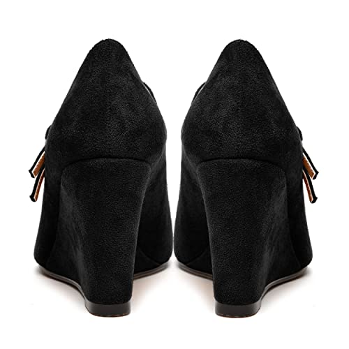 NUMALEO Womens Round Toe Suede Solid Buckle Ankle Strap Dress Business Wedge High Heel Pumps Shoes 3.3 Inch4