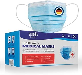 Victoria Beauty Medical Grade Surgical Type Blue IIR Face Mask, EN14683 CE Certified, Water Resistant, Fluid Repellent, Three Layer Filtration, Disposable, Hypoallergenic, 50pcs Multipack