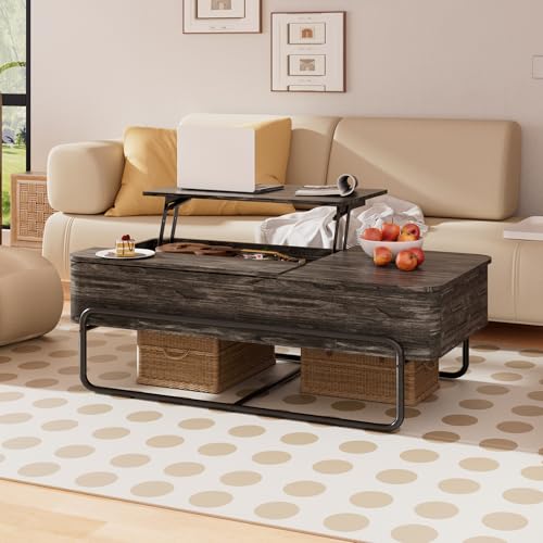 PURFINO Table Basse avec Plateau Relevable – Table de Salon Industrielle Design aux Courbes Raffinées, 3 Compartiments, Tiroir Coulissant & Rangement...