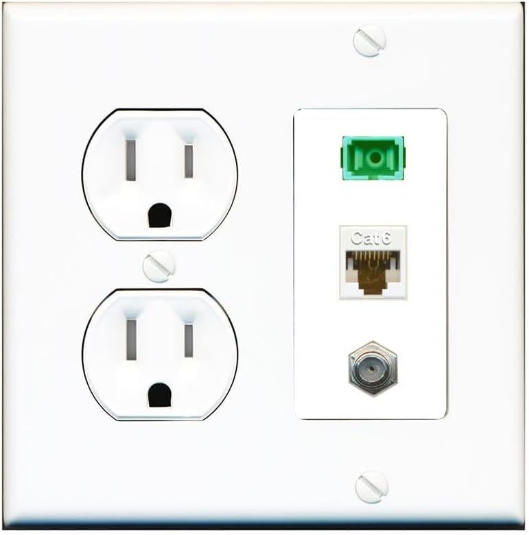 RiteAV 1 Port Fiber Optic Jack SC Simplex APC + Cat6 + Coax Wall Plate - Tamper-Resistant Outlet [Red/White]