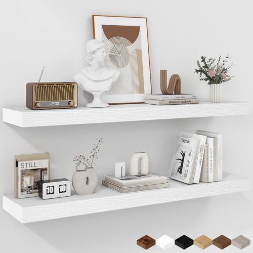 Fun Memories 36 Inch Floating Shelves - Deep Rustic White Wooden Wall Shelves - Extra Deeper & Thicker Wall Mounted Storage Shelf for Bedroom Kitchen Farmhouse - 2 Pack Rustic White
