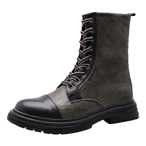 rismart Men's Motorcycle Boots PU Leather Mid Calf Casual Combat Boot with Zipper