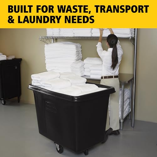 Image of Rubbermaid Commercial Products Cube Basket Truck with Wheels /Casters, 500 lbs Capacity, Rectangular, Black, For Laundry /Waste /Trash /Heavy Materials