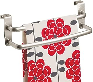 mDesign Tea Towel Holder  Over Door Towel Rail with No Drilling Required  Kitchen Towel Holder  Ideal for Kitchens & Bathrooms - Brushed Nickel