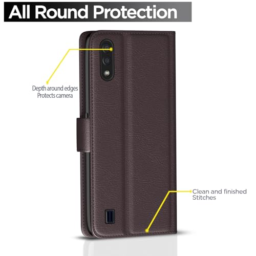 Image of Pikkme Samsung Galaxy M01 Flip Case Leather Finish | Inside TPU with Card Pockets | Wallet Stand and Shock Proof | Magnetic Closing | Complete Protection Flip Cover for Samsung Galaxy M01 (Coffee)