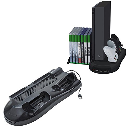 Xbox One X Cooling Vertical Stand, Dual Controller Charging Station Stand and Game Holder with Cooling Fans and 4 USB Ports For Microsoft Xbox One X