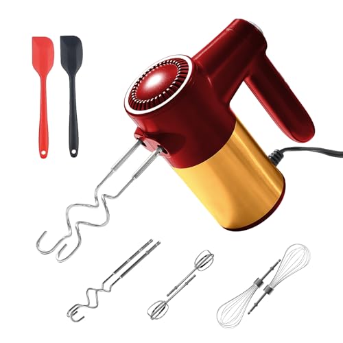 9-Speed Hand Mixer Electric,400W Powerful Red & Gold Electric Hand Mixer,handheld Mixer for Baking Cake Egg Cream,Turbo Boost/Digital Display + 9 Speed + Eject Button + 6 Stainless Steel Accessories