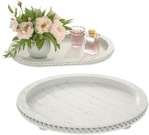 Urban Deco Wooden Tiered Tray, Oval and Round Tray Set of 2, Farmhouse Vintage Decorative Tray Stand for Coffee Table, White Serving Tray for Living Room Kitchen Home Decor - 1 Set