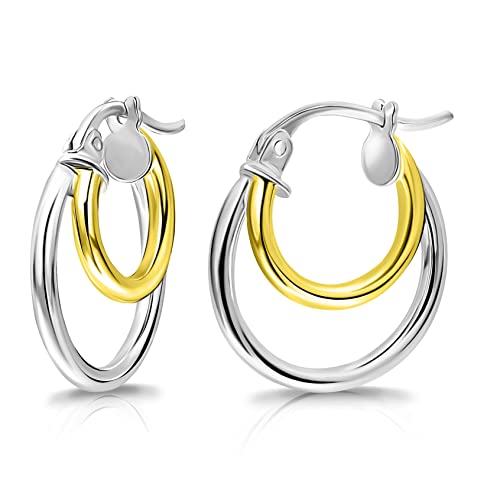 Sterling Silver Polished Finish Double Circle Round-Tube Hoop Earrings, 15mm Diameter.