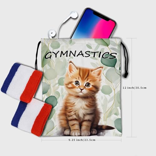 Image of Nerxy Gymnastic Cat Drawstring Grip Bag - Eucalyptus Leaves Gym Bag for Gymnasts Pet String Bag Botanical Leaf Gym Drawstring Pouch for Travel Sports