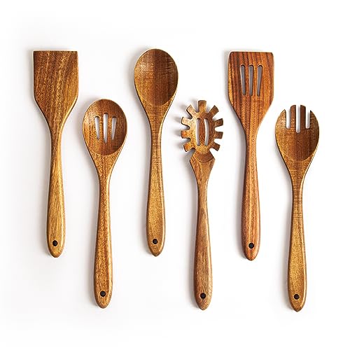 Wooden Spoons for Cooking - 6 Piece Non Stick Wooden Spoon Set - Natural Wood Kitchen Utensils - Wooden Spoons, Spatula Set, Slotted Spoon & Pasta Spoon - Handmade Acacia Wooden Spoon Set