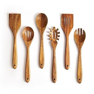 Wooden Spoons for Cooking – 6 Piece Non Stick Wooden Spoon Set – Natural Wood Kitchen Utensils – Wooden Spoons, Spatula Set, Slotted Spoon & Pasta Spoon – Handmade Acacia Wooden Spoon Set