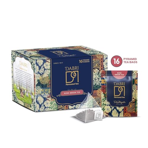 Image of Dabri Rose Green Tea Loose Leaves 32 Pyramid Dip Tea Bags|Pack of 2 x 16 Bags Each|Glowing Skin & Hair For Men-Women|Natural Rose Petals|Antioxidant-Rich|Organic Blend|Relieves Stress & Manage Weight