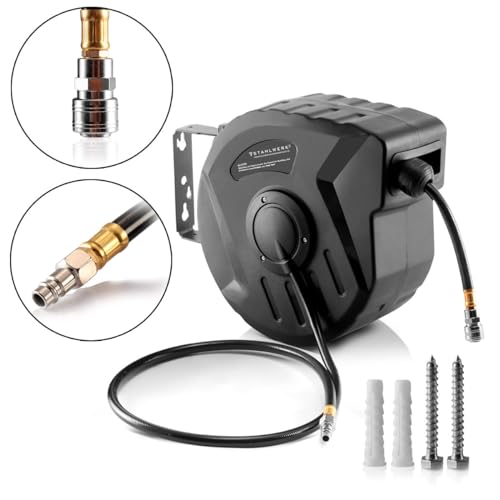 STAHLWERK persluchthaspel 10+1 m met automatische opwikkeling, tot 8 bar standaard snelkoppeling nominale breedte 7,2 mm klikfunctie, robuuste kunststof behuizing inclusief wandmontageset - Afbeelding 3