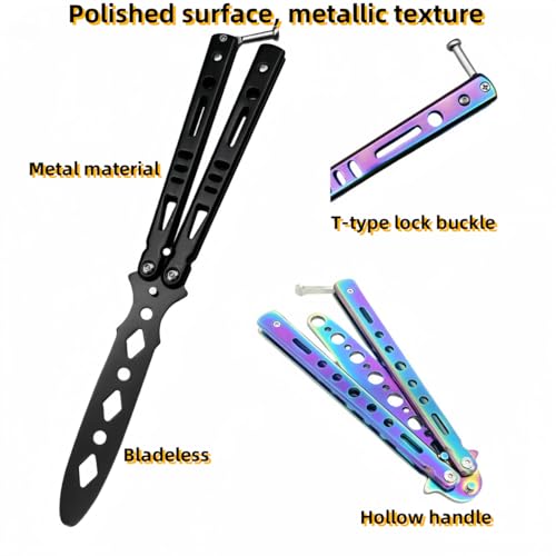 Lajiakoy® Butterfly Trainer 2 PCS, Butterfly Messer, Trainingsmesser Unbekannte Klinge, Stainless Steel Butterfly Kamm Practice Tool for Practicing Flipping Tricks(Schwarz, Bunt) (2 Stücke)