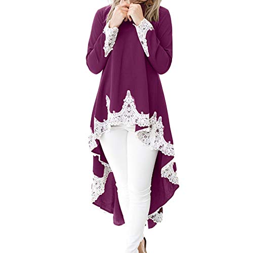 Vestidos largos para mujer, cuello redondo, color sólido, dobladillo de manga larga, de encaje, vestidos de verano para mujer, rojo vino, XL