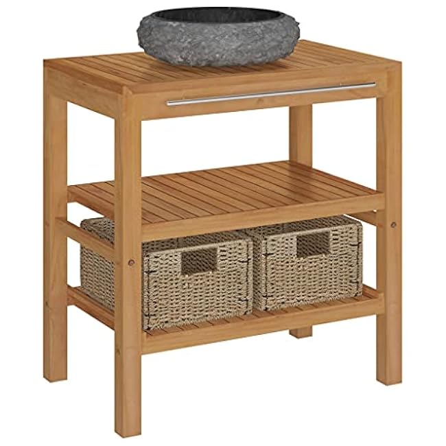 Enhance Bathroom Organization with Solid Teak Vanity Cabinet, Marble Sink, Includes Storage Baskets, Stylish Black Finish