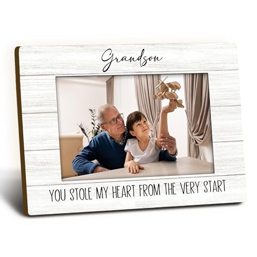 Foyoulame Grandson Gifts Picture Frame 4x6 Grandparents Wooden Picture Frame Christmas Birthday Gifts for Grandpa Grandma from Grandson Stole My Heart Decorative Photo Frames for Table Desk Decor