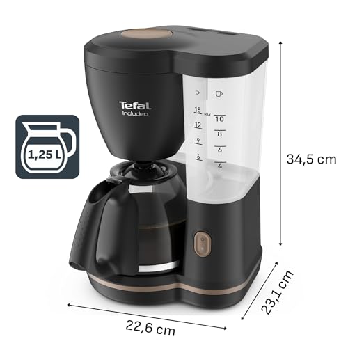 Tefal Cafetière filtre, 10 à 15 tasses, 1,25 L, Porte-filtre amovible, Arrêt automatique, Ouverture automatique du couvercle, Ergonomique, Includeo, Noire, CM533811