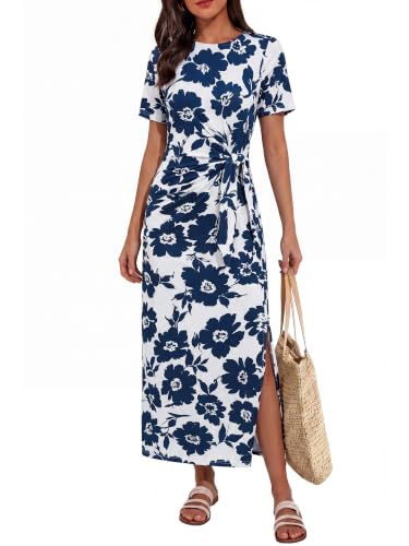 OURIN Womens Casual Summer Sun Dresses Short Sleeve Tie Waist Hide Tummy Split Midi Dress (White Navy Floral,Small)