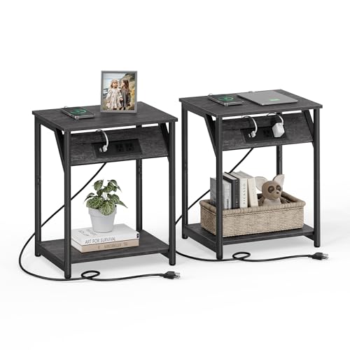 VASAGLE End Table with Charging Station, Set of 2, Small Side Tables for Living Room, Bedroom, Nightstand with Outlets and USB Ports, Bedside Table with Storage Shelf, Misty Gray and Black M