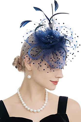 Myjoyday Women's Fascinators, Feathers Tea Party Hat, Veil Headband With Hair Clip For Cocktail Church (Dark Blue) #TOP16