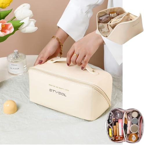 Image of Large Capacity Travel Cosmetic Bag, Leather Makeup Bag with Handle and Divider, Waterproof Cosmetic Bag, Portable Leather Toiletry Bag, Roomy Cosmetic Bag for Women & Girls(White)