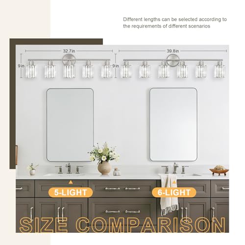 Image of Modern Brushed Nickel Crystal Bathroom Light Fixtures,6-Light | Bathroom Lighting Fixtures over Mirror,Vanity Lights for Mirror, Restroom(Ceramic E26 Socket,Bulbs Not Include)