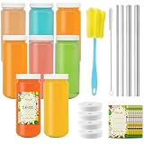 NEWMIAO 8 Pack 16oz Glass Juice Bottles with White Lids, 500ml Reusable Glass Water Bottles Beverages Drinking Jars with Caps, Juice Cups, Cold Brew Containers, Smoothie Jars
