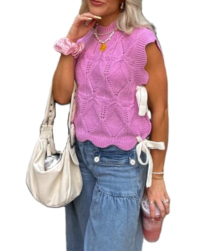 Image of Women Side Tie Sweater Vest Scallop Trim Mock Neck Knit Vest Bow Lace Up Ribbon Sweater Tank Top Knitwear
