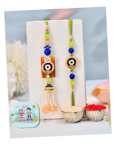 Image of CraftVatika Designer Evil Eye Couple Pair Rakhi for Brother Bhai Bhabhi | Premium Evil Eye Bracelet Rakhi Set for Bhaiya Bhabhi with Fridge Magnet Gift, Rakshabandhan Greeting Card, Tilak Set,Home decor