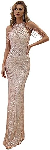 Lin Lin Q Women’s Formal Halterneck Sleeveless Sequin Evening Dress, Slim Fit Mermaid Cocktail Maxi Gowns Gold