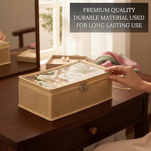 Image of 2 Rod Bangle Storage Box for Women | Hardboard Removable Chudi Organizer with Transparent Top | Jewellery & Watch Holder Case for Home & Travel - Beige (Pack of 1)