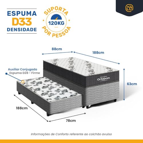 Cama Box Solteiro + Colchão de Espuma D33 Ortobom Airtech 100 + Auxiliar de Espuma Unique