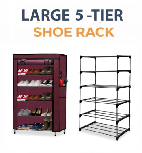 Image of Metal Shoe Stand with Cover, 5 Tier Shoe Organizer for Home & Office - Maroon