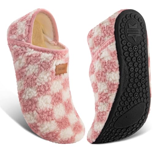 ATHMILE House Slippers for Women Men Indoor Barefoot Slippers Socks Furry Slip on House Shoes Cozy Comfy for Home Bedroom Travel Yoga Women 10.5-11.5 Pink Checkered