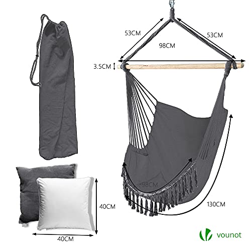 VOUNOT® Hanging Chair with Cushion, Macrame Hammock Swing Chair for Bedroom, Balcony, Patio, Garden, Indoor or Outdoor, 265LBS Capacity, Grey - Image 3
