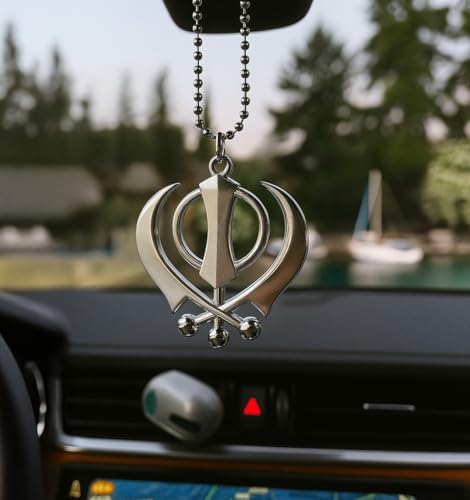 Image of Steel Finish Golden and Silver Khanda Car Hanging Accessory with Beads Chain Punjabi Sikh Car Decor Accessory Sikh Decor for Car 3.2 Inch Wide (Silver)