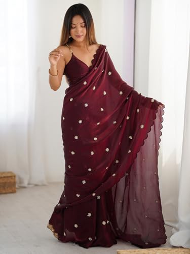 Image of AKHILAM Women's Satin Silk Sequence Embroidery Saree With Unstitched Blouse Piece