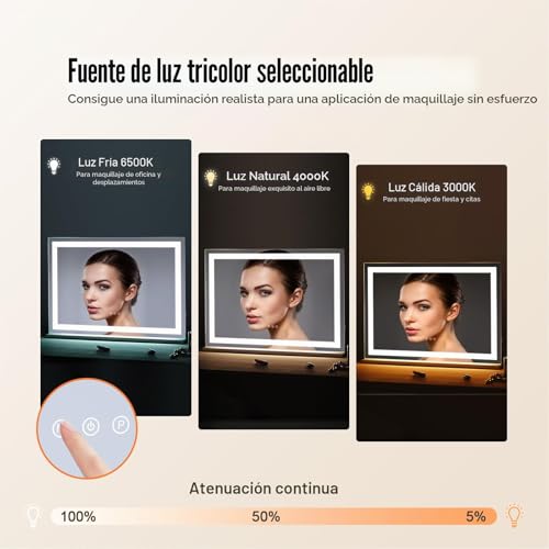 Miniatura 2 de Vevor Gran Espejo De Maquillaje Iluminado Con Tres Modos De Iluminación De Color, Led Luces, Aumento De 5x, Puerto Usb, Control Táctil Inteligente, Montaje En Pared De Escritorio, 800 X 120 X 572 Mm