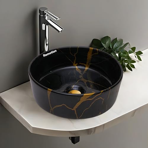 Image of REMOTION Round Countertop Wash Basin For Bathroom | Tabletop Ceramic Bathroom Sink | Wash Basin Over Counter | Wash Basin For Living Room, Resturent (12.5 x 12.5 x 5 Inch) (Black Gold Jelly)