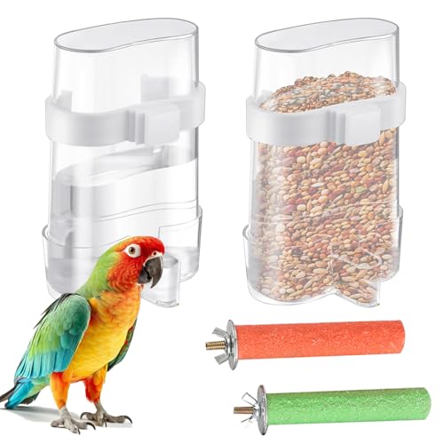 Jortmrd Lot de 2 mangeoires à oiseaux, alimentation automatique pour perroquets, distributeur d'eau et nourriture pour oiseaux avec 2 perchoirs