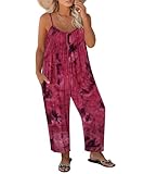 RITERA Plus Size Rompers For Curvy Women Beach Sleeveless Jumpusuits Long Wide Pant Red & White Tye Dye Overalls Summer Casual Pleated Front Casual One Piece Outfits 2Xl 18W 20W