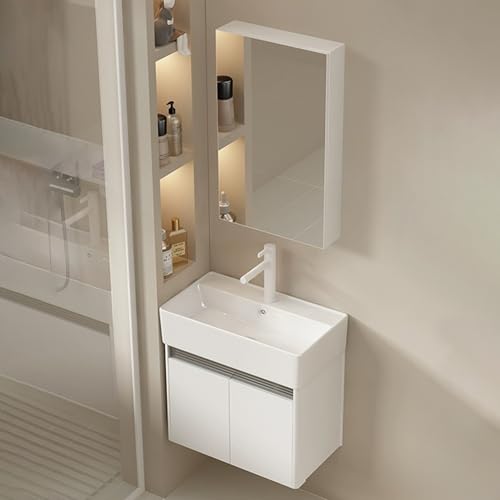 YUGXTH Lavabo Sobre Encimera, Lavabo Suspendido, Lavabo de Cerámica con Contenedor de Almacenamiento Y Gabinete de Espejo, Lavabo de Esquina de Cerámica Rectangular, para Inodoro y Guardarropa(53cm/20