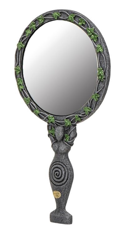 Ebros Gift Ancient Wicca Triple Moon Spiral Goddess with Magical Ivy Leaves Sculptural Hand Mirror Magic Mystical Pagan Boudoir Vanity Beauty Accessory